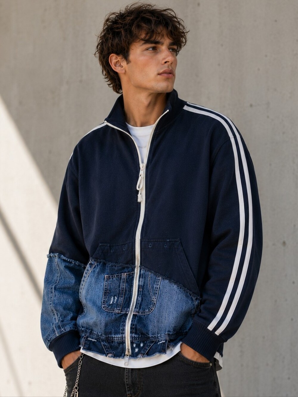 Greg Lauren Distressed Fleece Track Slim Lounge Denim Pant Jacket